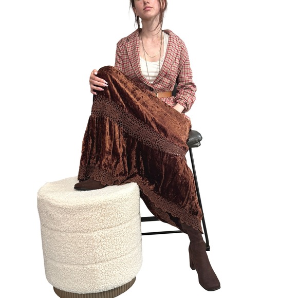 Y2K Crushed Velvet‎ Maxi Skirt M L Gypsy Fairy  Grunge Tiered Crochet Lace Boho - Picture 2 of 9